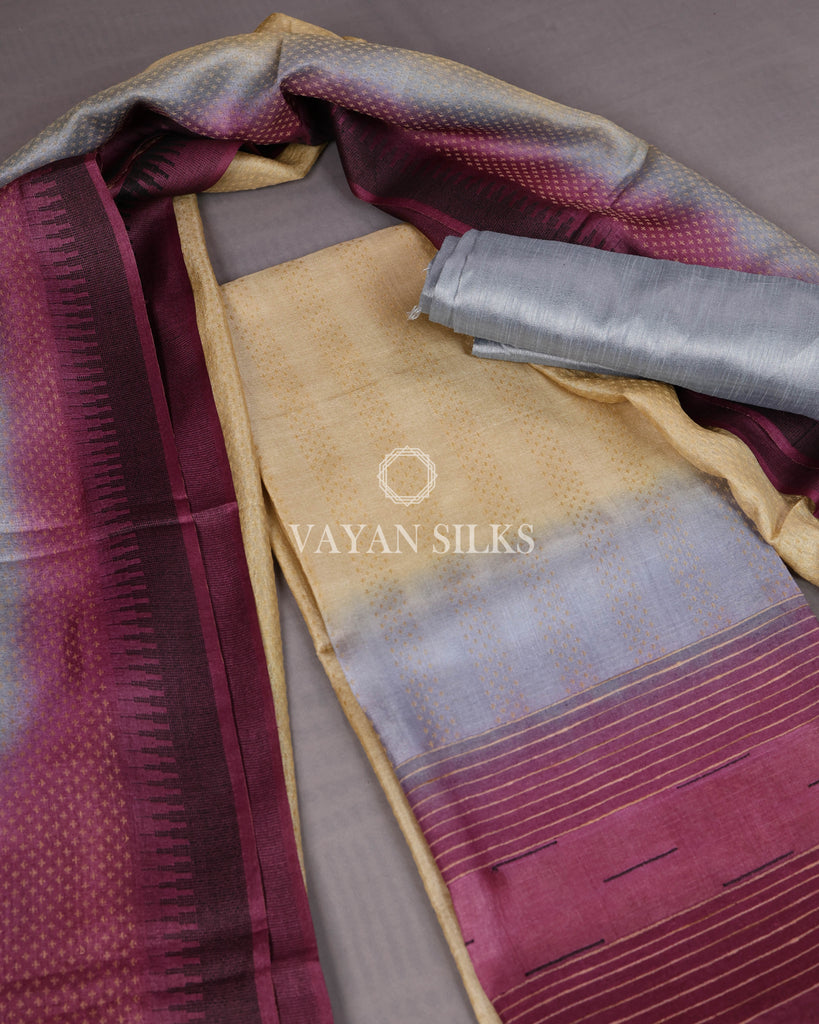 Shaded Burgundy Beige Woven Pure Tussar Silk Unstitched Suit Set