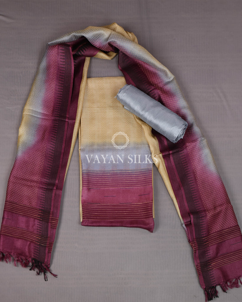 Shaded Burgundy Beige Woven Pure Tussar Silk Unstitched Suit Set