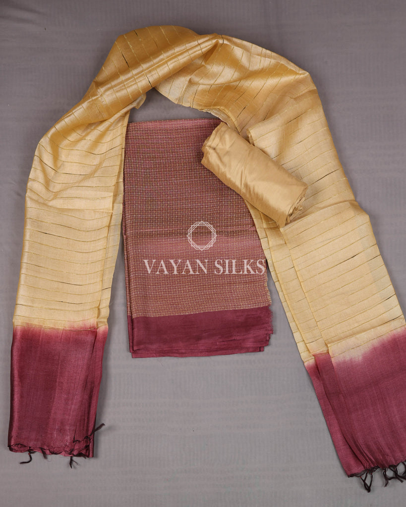 Maroon Beige Woven Pure Tussar Silk Unstitched Suit Set