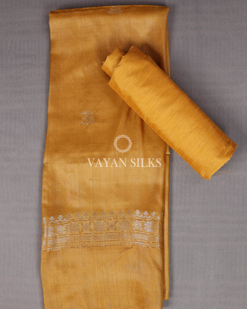 Mustard Rust Woven Pure Tussar Silk Unstitched Suit Set