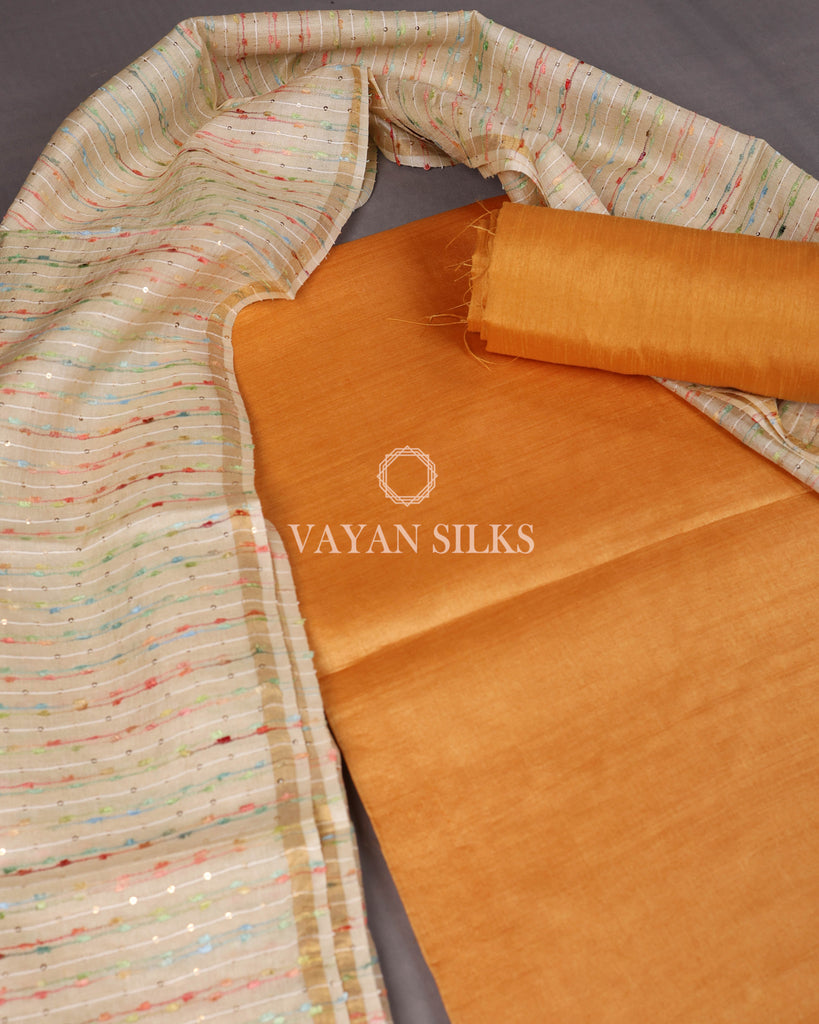 Orange Beige Woven Unstitched Tussar Silk Suit Set