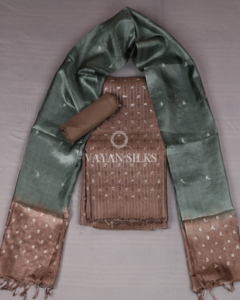 Brown Dark Green Woven Pure Tussar Silk Unstitched Suit Set