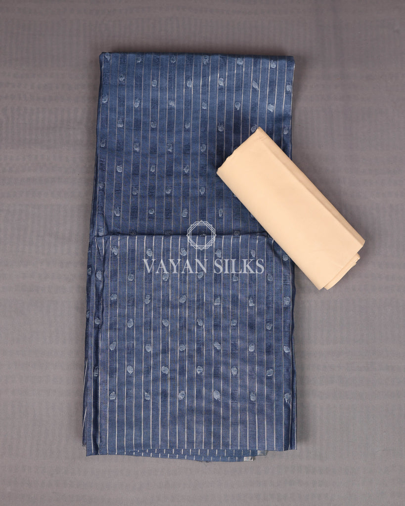 Navy Blue Cream Woven Pure Tussar Silk Unstitched Suit Set