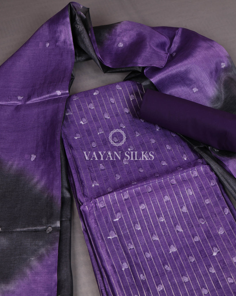 Purple Charcoal Woven Pure Tussar Silk Unstitched Suit Set