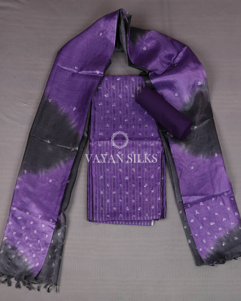 Purple Charcoal Woven Pure Tussar Silk Unstitched Suit Set