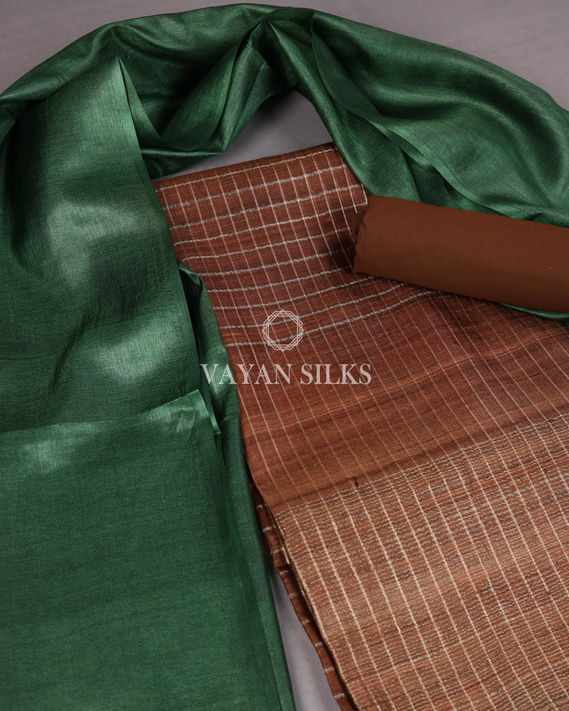 Chocolate Green Woven Pure Tussar Silk Unstitched Suit Set