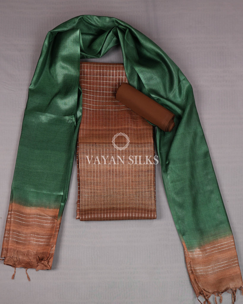 Chocolate Green Woven Pure Tussar Silk Unstitched Suit Set