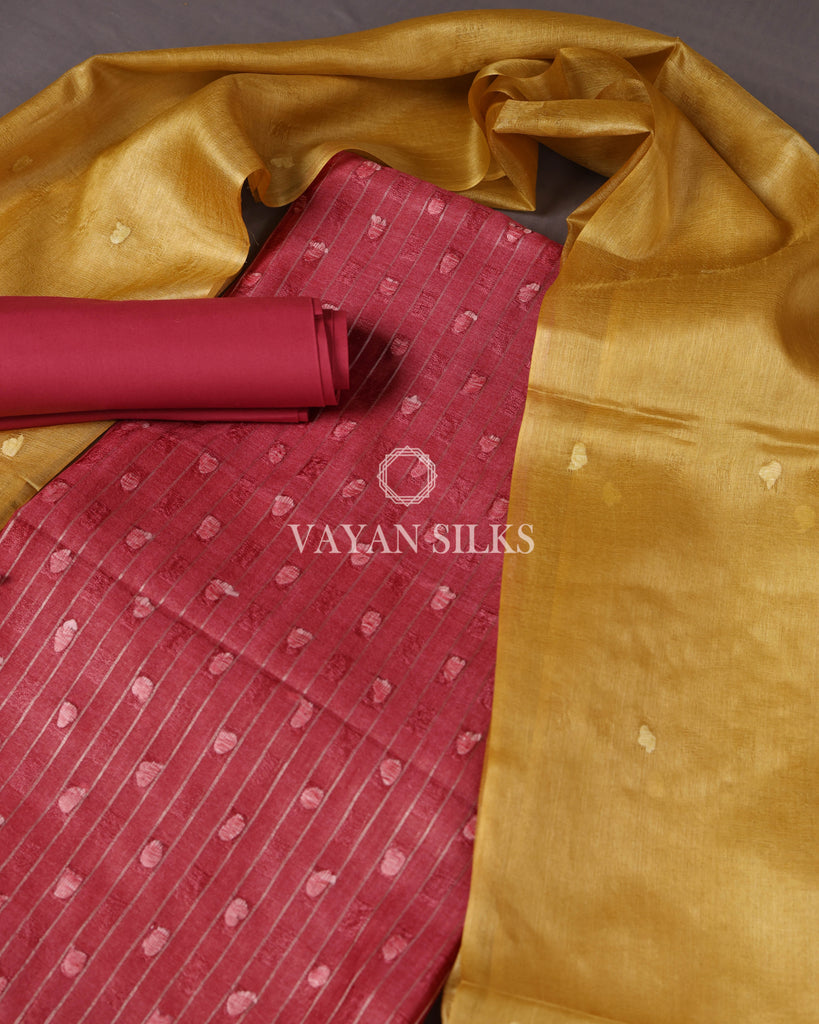 Rust Mustard Woven Pure Tussar Silk Unstitched Suit Set