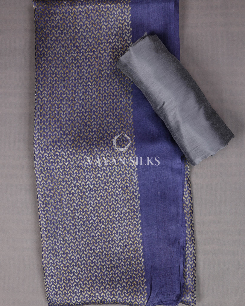 Midnight Blue Grey Woven Pure Tussar Silk Unstitched Suit Set