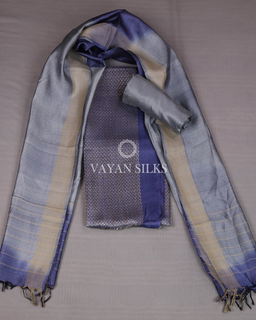 Midnight Blue Grey Woven Pure Tussar Silk Unstitched Suit Set