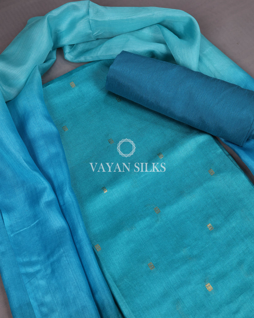 Sky Blue Woven Tussar Silk Unstitched Suit Set