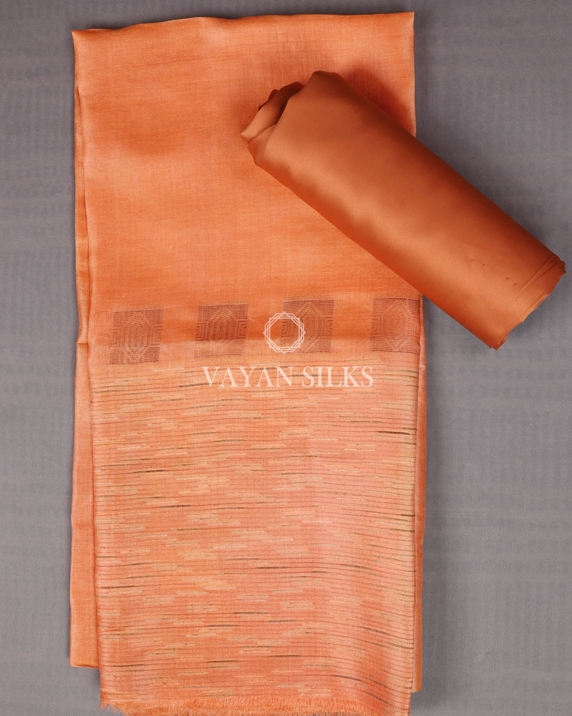 Peach Orange Woven Pure Tussar Silk Unstitched Suit Set