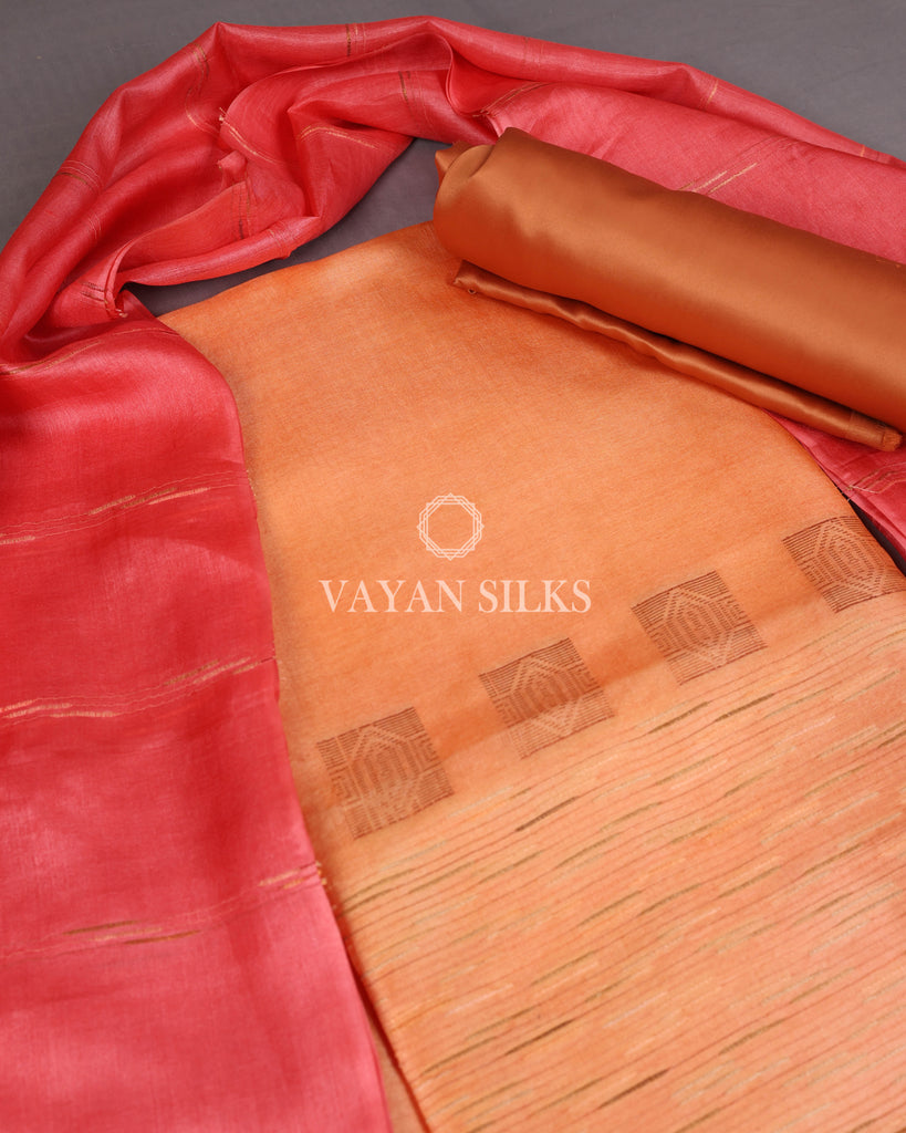 Peach Orange Woven Pure Tussar Silk Unstitched Suit Set