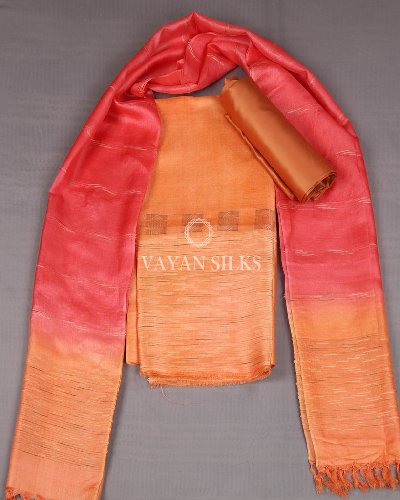 Peach Orange Woven Pure Tussar Silk Unstitched Suit Set