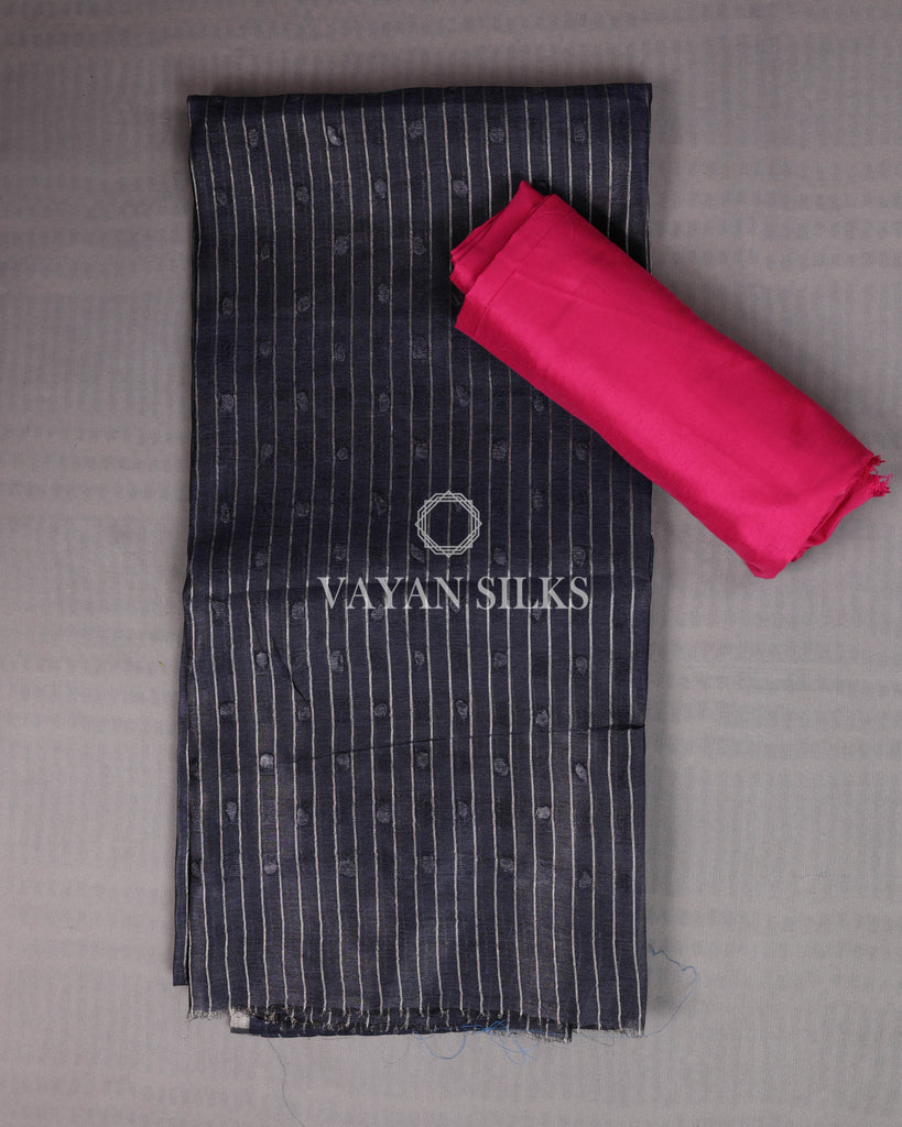 Dark Navy Hot Pink Woven Pure Tussar Silk Unstitched Suit Set