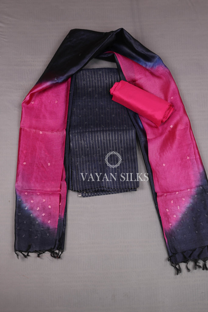 Dark Navy Hot Pink Woven Pure Tussar Silk Unstitched Suit Set