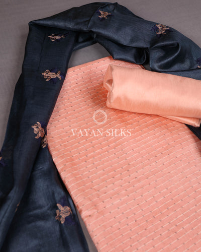 Peach Navy Embroidered Pure Tussar Silk Unstitched Suit Set