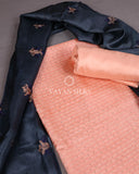 Peach Navy Embroidered Pure Tussar Silk Unstitched Suit Set