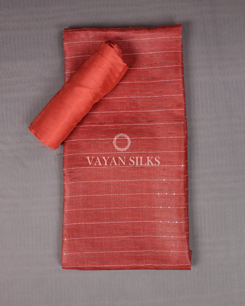 Red Steel Embroidered Pure Tussar Silk Unsticthed Suit Set