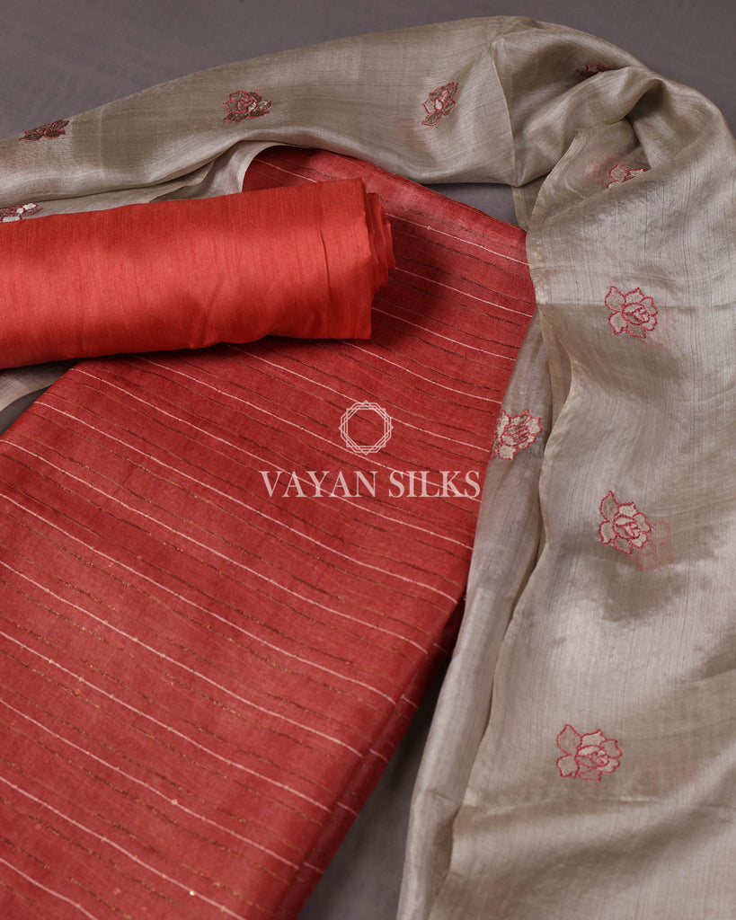 Red Steel Embroidered Pure Tussar Silk Unsticthed Suit Set