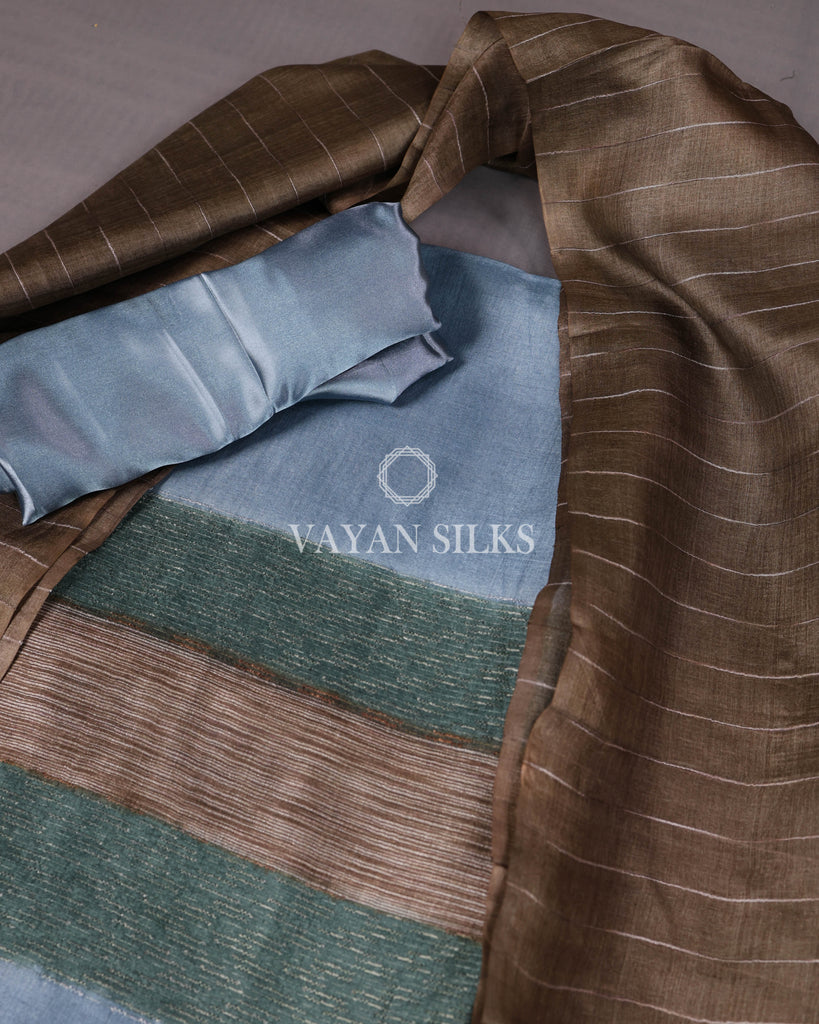 Ice Blue Brown Woven Tussar Silk Unstitched Suit Set