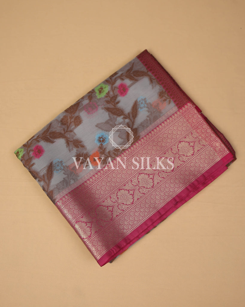 Light Grey Pink Banarasi Silk Saree