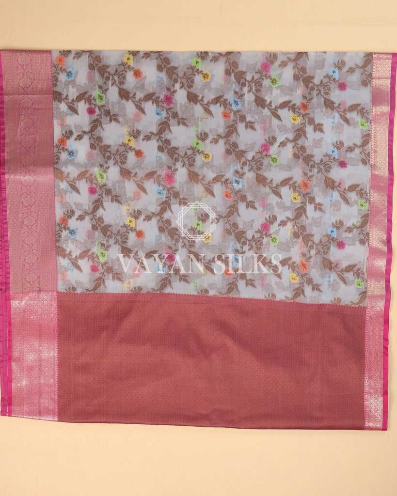 Light Grey Pink Banarasi Silk Saree