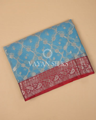 Sky Blue Red Banarasi Silk Saree