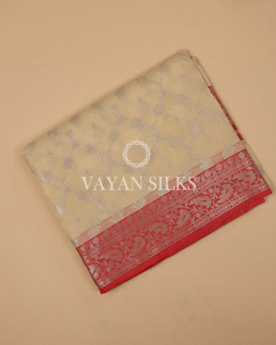 Cream Red  Banarasi Silk Saree