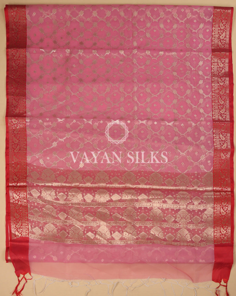 Light Pink Red Banarasi Silk Saree