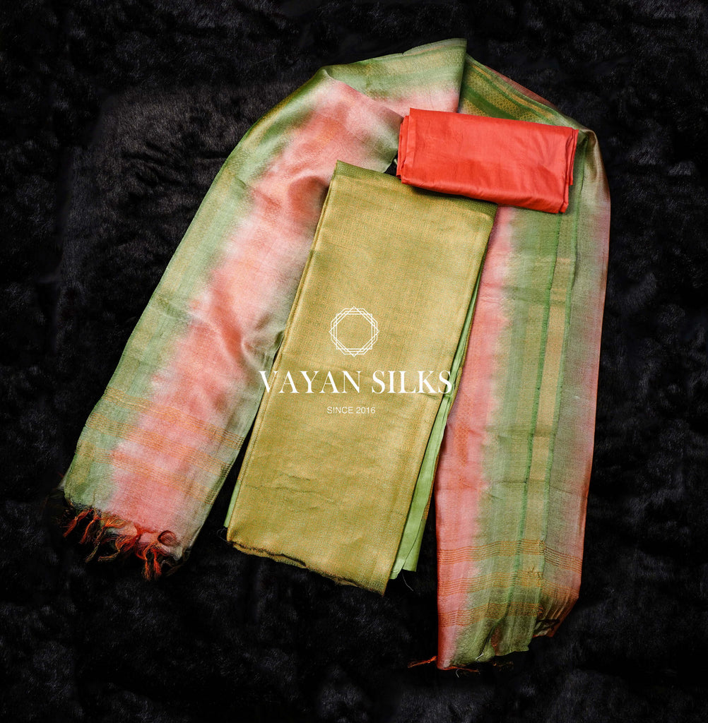 Moss Green and Pink Tussar Silk Unstitched Salwar Suit - Metallic Copper Collection