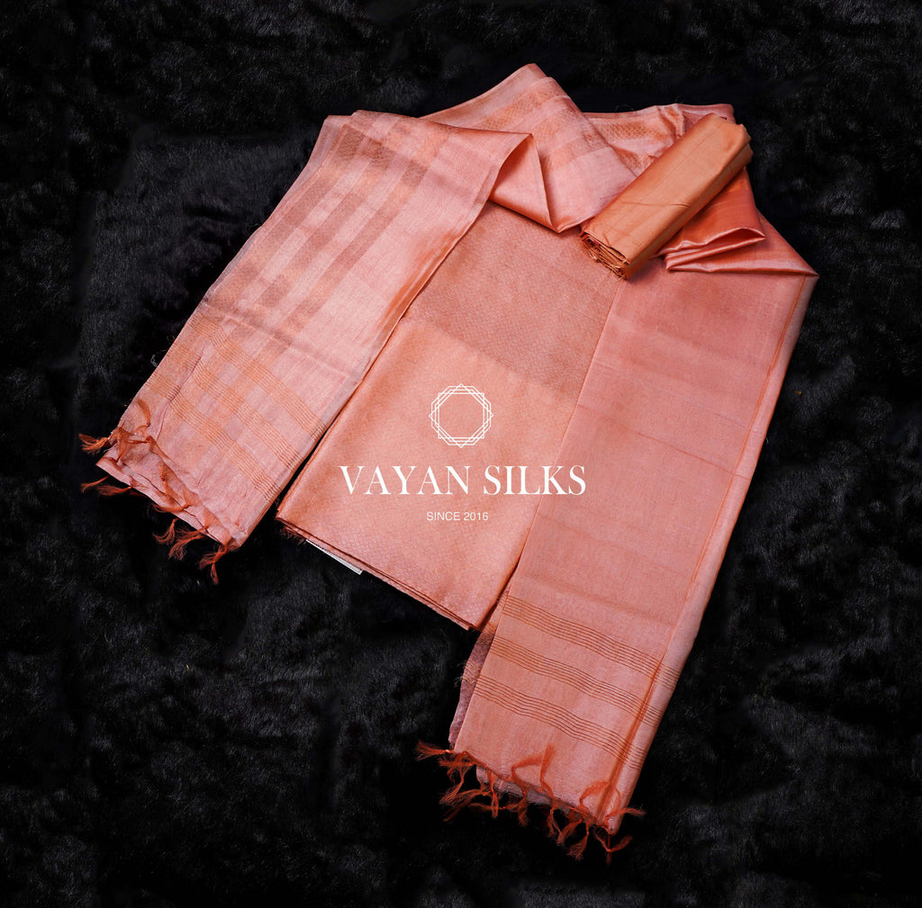 Baby Pink Tussar Silk Unstitched Salwar Suit - Metallic Copper Collection