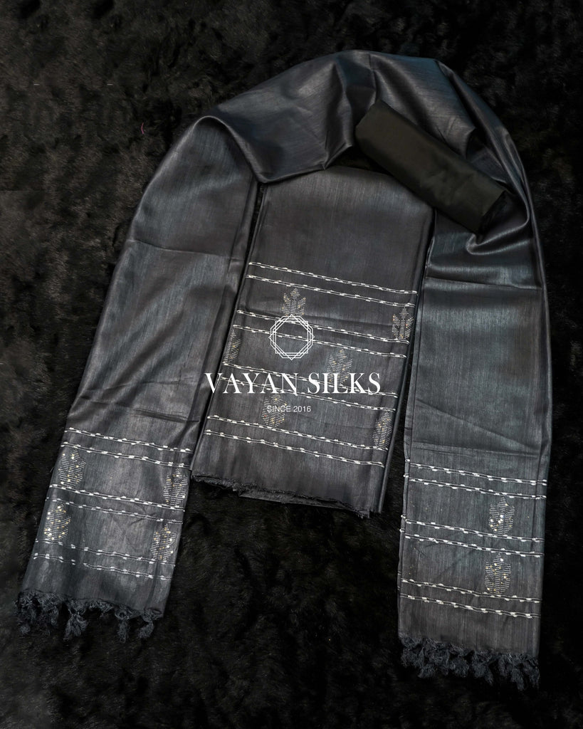 Black Woven Tussar Silk Suit Set
