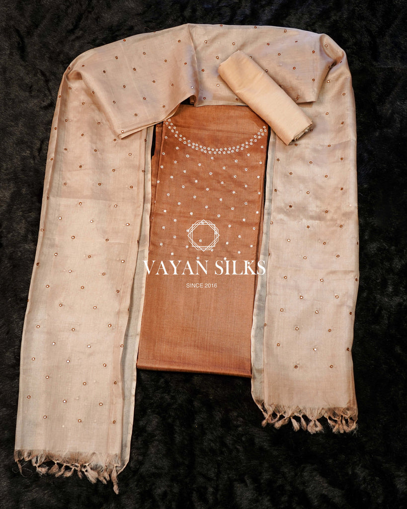 Brown Mirror Work Tussar Silk Suit Set
