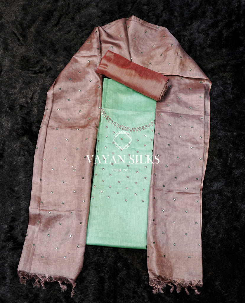 Green Lavender Mirror Work Tussar Suit Set