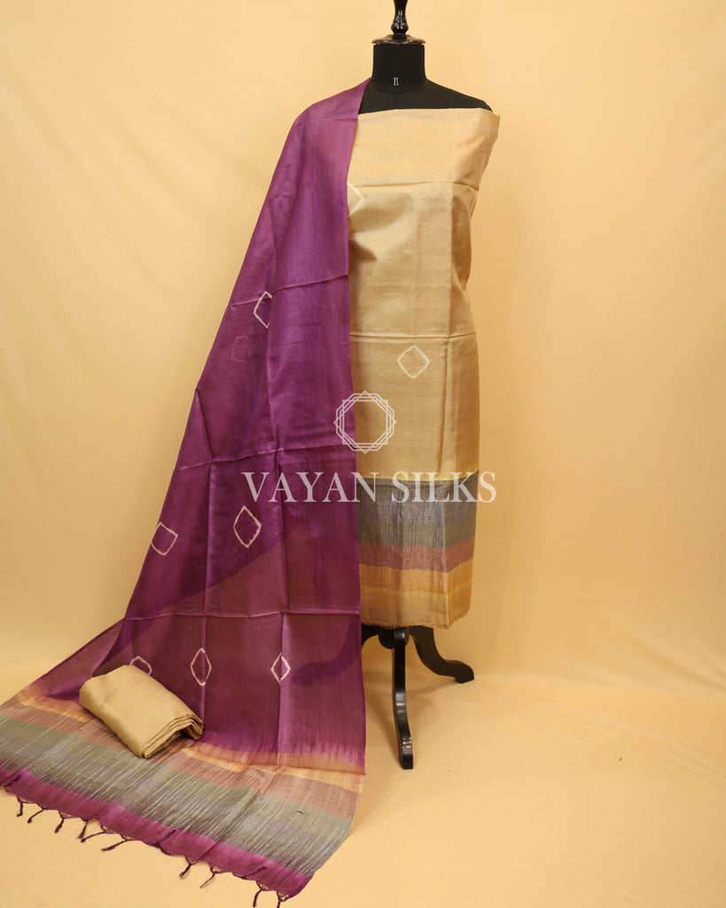 Beige Gold Purple Tussar Silk Unstitched Suit Set