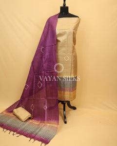 Beige Gold Purple Tussar Silk Unstitched Suit Set