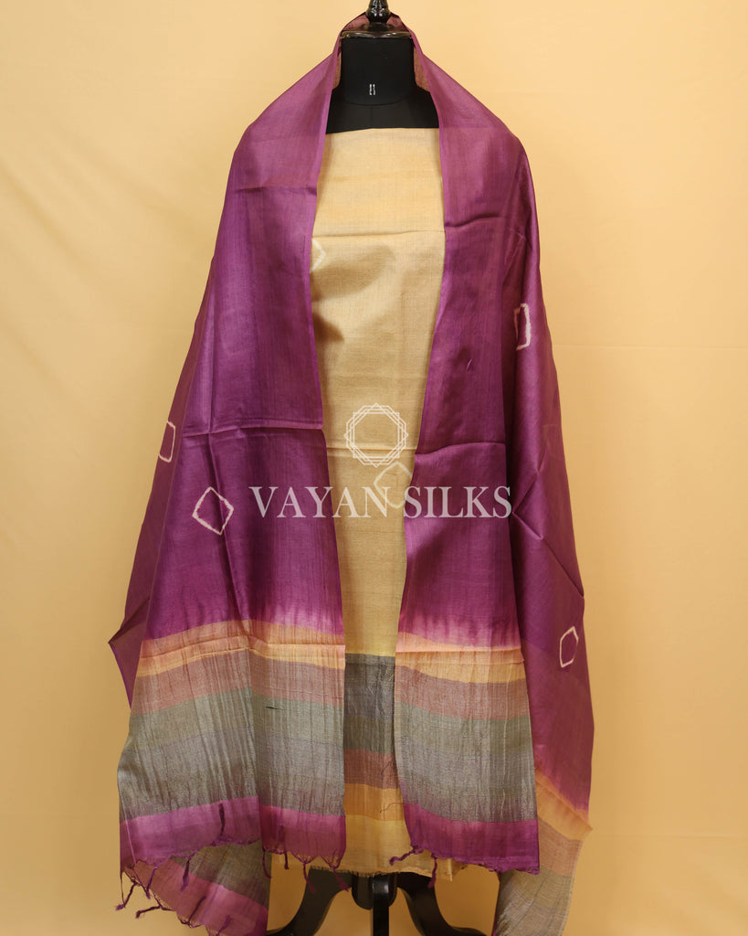 Beige Gold Purple Tussar Silk Unstitched Suit Set