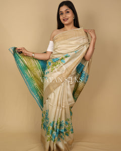 Beige Green Printed Pure Tussar Silk Saree