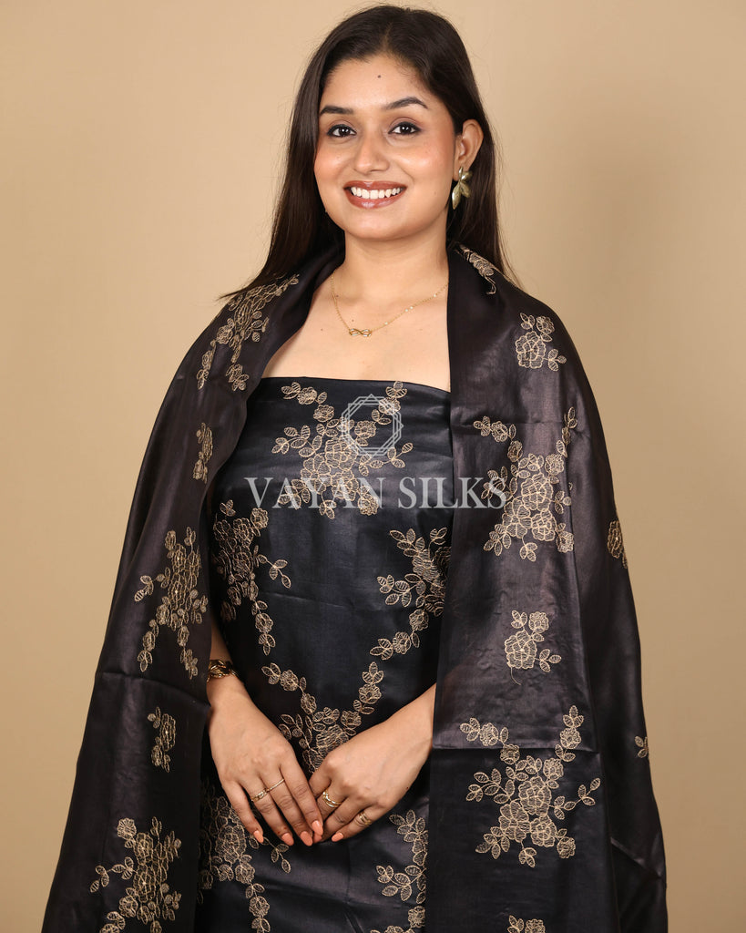 Black Embroidered Pure Tussar Silk Unstitched Suit Set