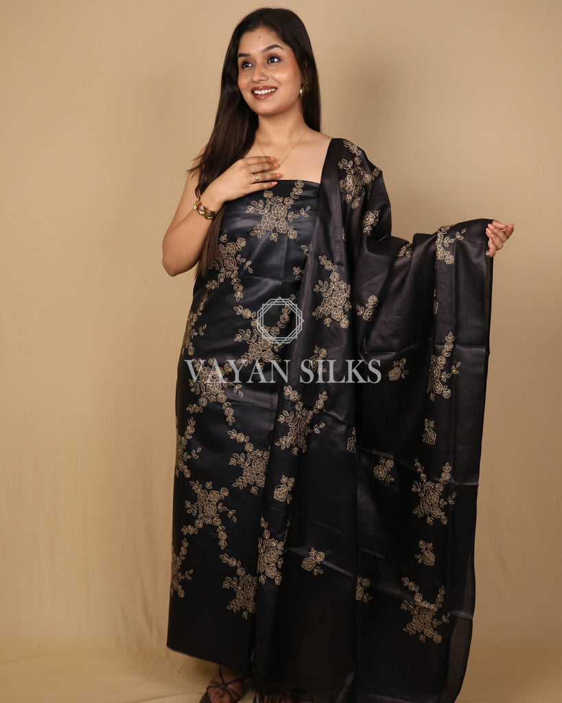 Black Embroidered Pure Tussar Silk Unstitched Suit Set