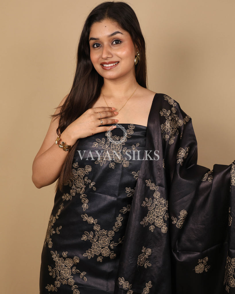 Black Embroidered Pure Tussar Silk Unstitched Suit Set