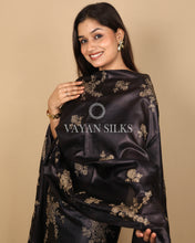 Load image into Gallery viewer, Black Embroidered Pure Tussar Silk Unstitched Suit Set
