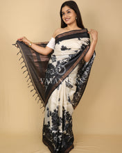 Load image into Gallery viewer, Black Off White Printed Pure Tussar Silk Saree