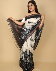 Black Off White Printed Pure Tussar Silk Saree