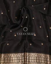Load image into Gallery viewer, Black Pure Banarasi Katan Silk Unstitched Suit Set