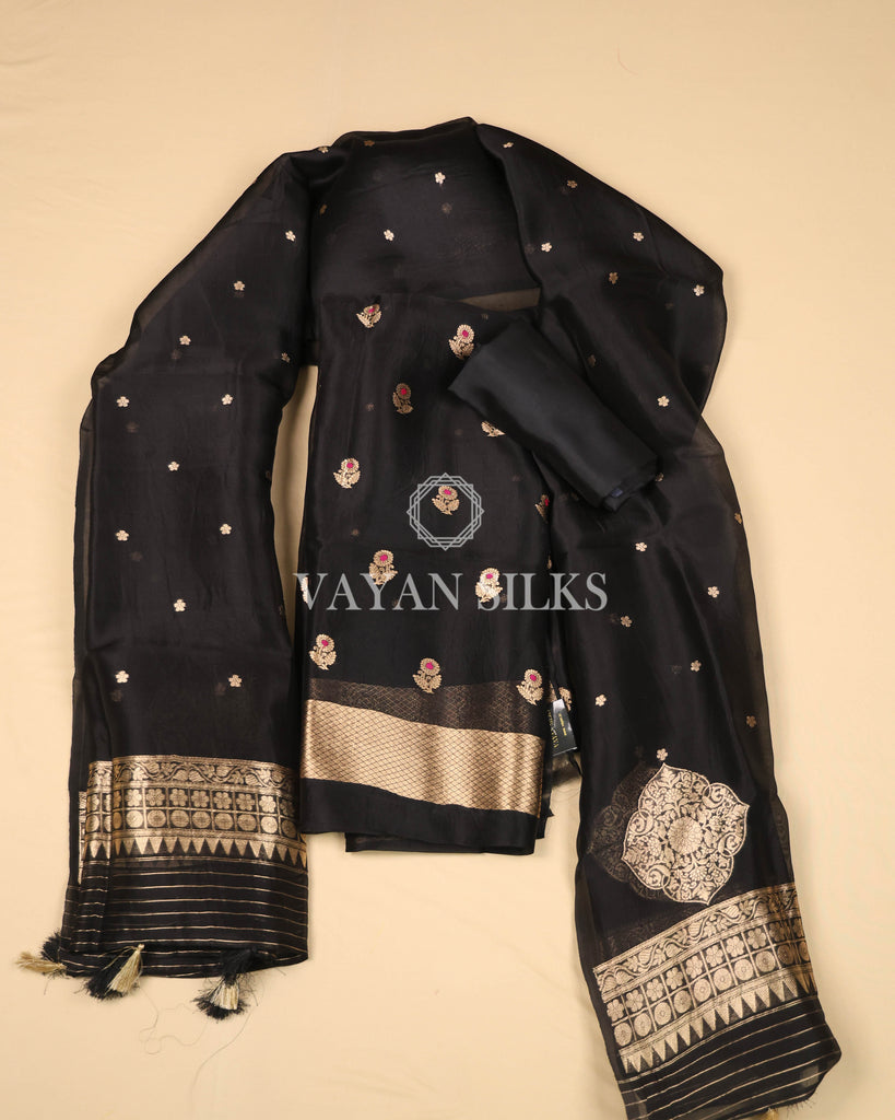 Black Pure Banarasi Katan Silk Unstitched Suit Set