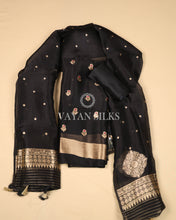 Load image into Gallery viewer, Black Pure Banarasi Katan Silk Unstitched Suit Set