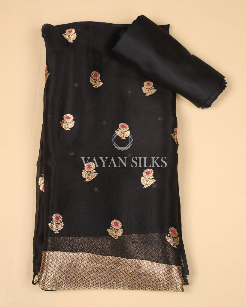 Black Pure Banarasi Katan Silk Unstitched Suit Set