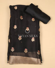 Load image into Gallery viewer, Black Pure Banarasi Katan Silk Unstitched Suit Set